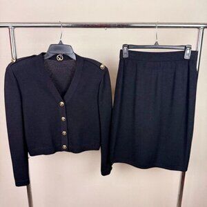 St John Collection Santana Knit Suit Skirt Black Crop Blazer Gold Buttons Small